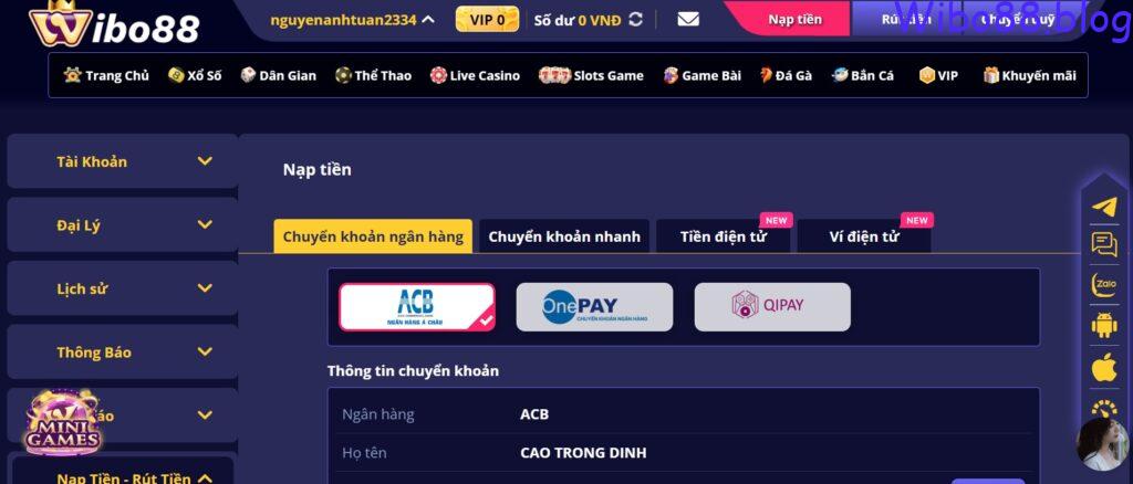 Nạp qua tài khoản ngân hàng