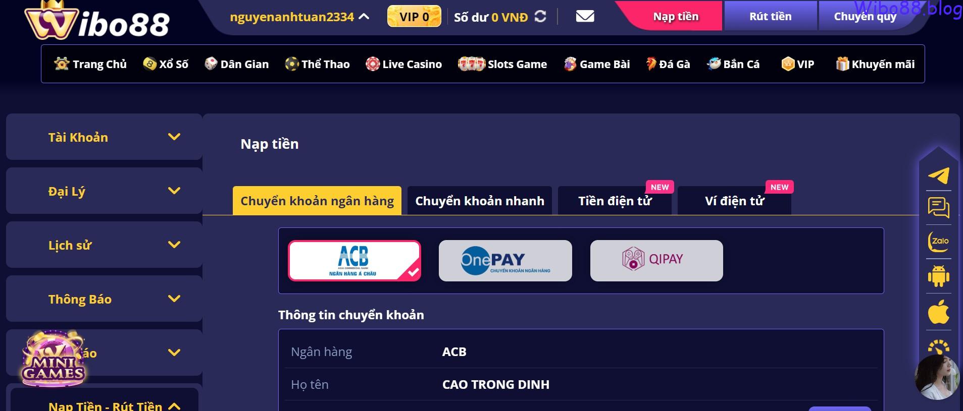 Nạp qua tài khoản ngân hàng