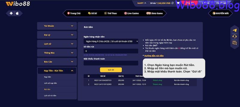 Rút tiền wibo88 cực kì đơn giản